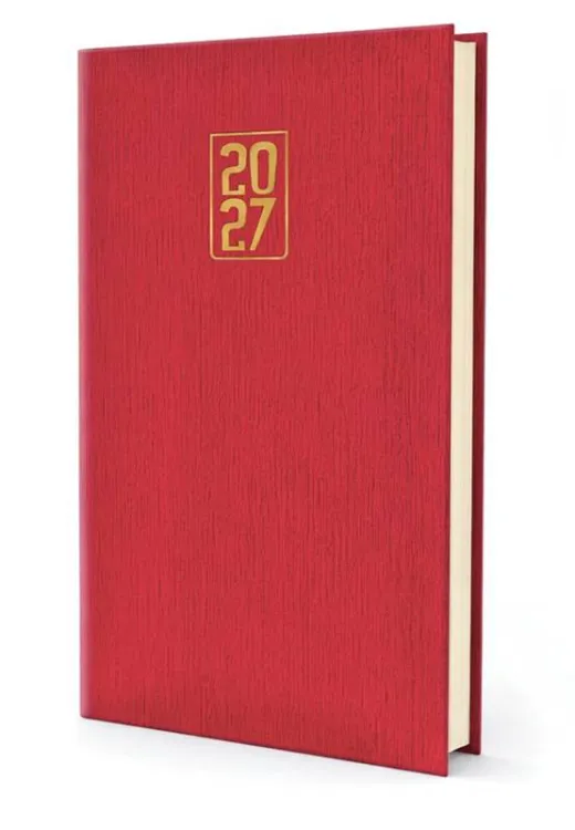 Terminarz tygodniowy 2027 Print — twarda tłoczona oprawa w kolorze granatowym i czerwonym ze złoconym rokiem