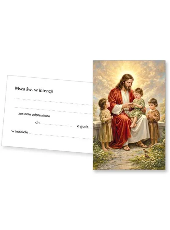 Obrazek na intencje mszalne 10×6,5 cm – awers z Jezusem błogosławiącym dzieci, folia połysk