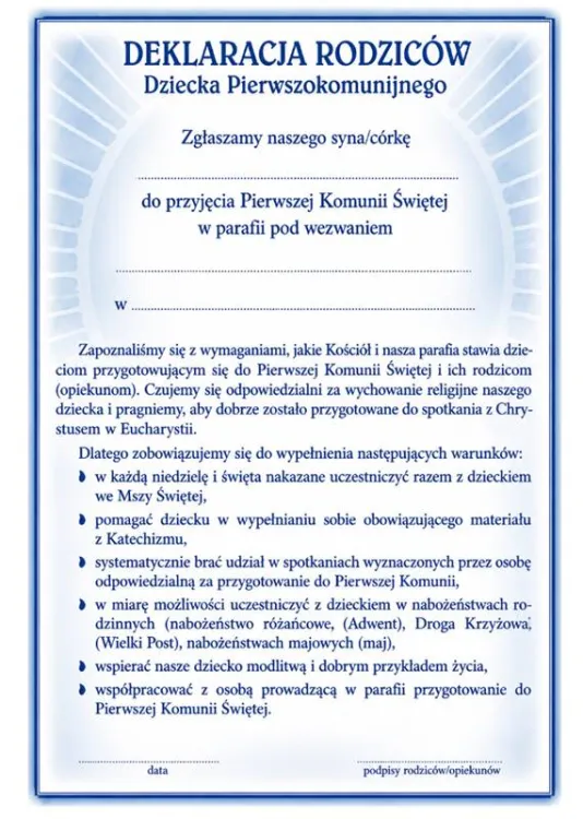 Deklaracja rodziców dziecka pierwszokomunijnego Hlondianum – awers druku ze zgłoszeniem i zobowiązaniami