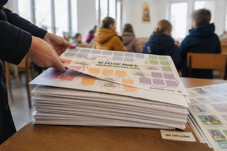 Sprawdziany różańcowe 2026 W szkole Maryi — plansza A2 z naklejkami, kontrolki na różaniec dla 30 dzieci