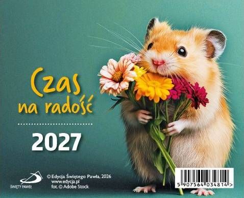 Kalendarz biurkowy 2027 „Czas na radość" — okładka z chomikiem trzymającym bukiet kolorowych kwiatów