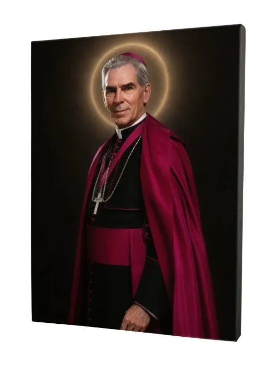 Obraz Fulton Sheen na płótnie canvas 40×60 cm z purpurą szat arcybiskupich – portret ze świetlistą aureolą na czarnym tle