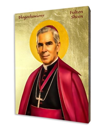 Ikona Fulton Sheen na złoconej desce lipowej 15×20–40×50 cm – purpurowe szaty i złoty nimb
