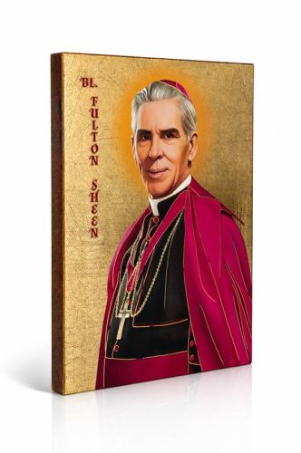 Błogosławiony Fulton Sheen uśmiechnięty w purpurowych szatach biskupich – ręcznie złocona ikona religijna na desce lipowej.