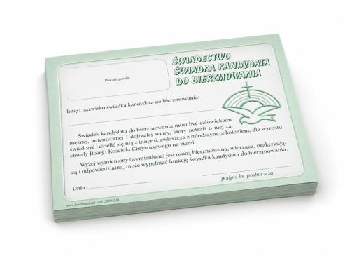 Świadectwo świadka kandydata do bierzmowania – bloczek 50 druków z polem na pieczęć parafii