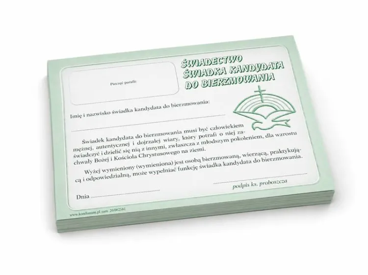 Świadectwo świadka kandydata do bierzmowania – bloczek 50 druków z polem na pieczęć parafii