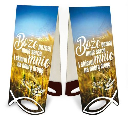 Magnetyczna zakładka do książki z napisem „Boże poznaj moje serce i skieruj mnie na dobrą drogę” na tle pola zbóż, z wyciętym symbolem ryby