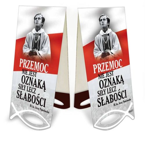 Magnetyczna zakładka do książki z portretem bł. ks. Jerzego Popiełuszki w komży i cytatem „Przemoc nie jest oznaką siły lecz słabości”, z wyciętym symbolem ryby