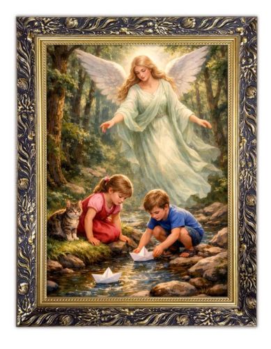 Obraz Anioł Stróż z dziećmi 30 × 40 cm w złotej ornamentowanej ramie do pokoju dziecięcego
