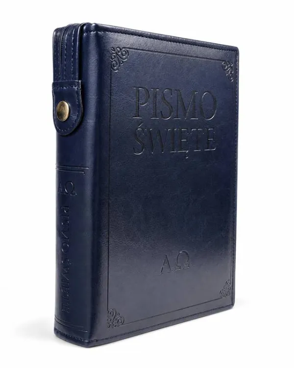 Biblia Warszawsko-Praska w granatowym etui z ekoskóry na zamek, tłoczenie Pismo Święte i Alfa Omega