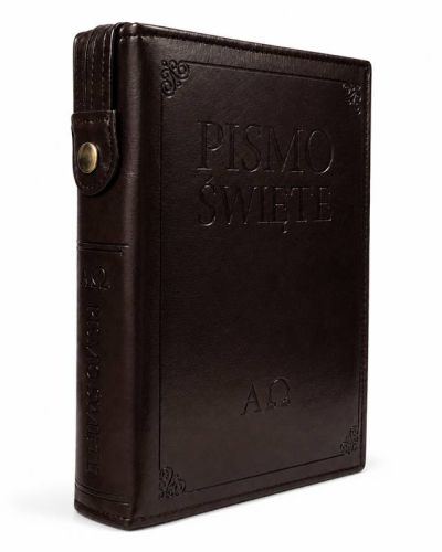 Biblia Warszawsko-Praska w ciemnobrązowym etui z ekoskóry na zamek, tłoczony napis Pismo Święte