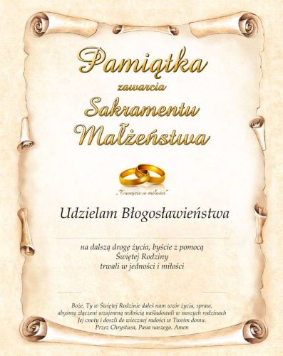 Pamiątka zawarcia sakramentu małżeństwa – rewers z błogosławieństwem, modlitwą i miejscem na dane
