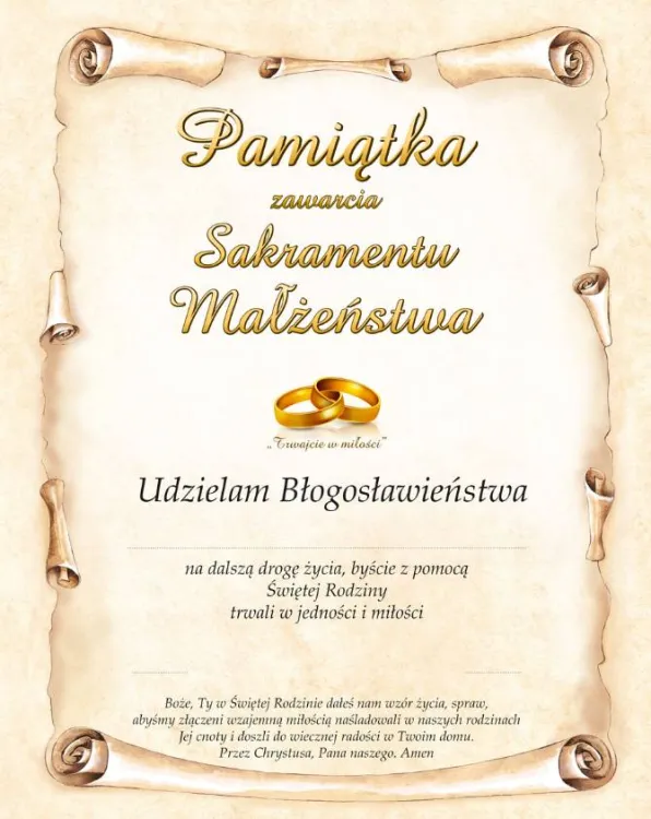 Pamiątka zawarcia sakramentu małżeństwa – rewers z błogosławieństwem, modlitwą i miejscem na dane
