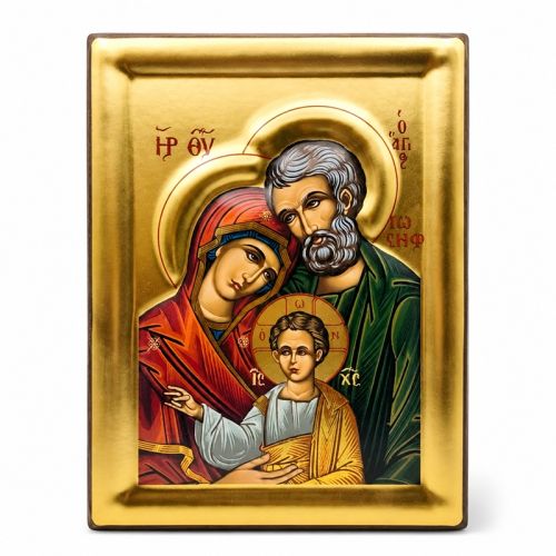Grecka ikona Świętej Rodziny 3D złocona z certyfikatem 19 × 24,5 cm