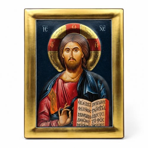 Grecka ikona Chrystusa Pantokratora 3D złocona z certyfikatem 19 × 24,5 cm