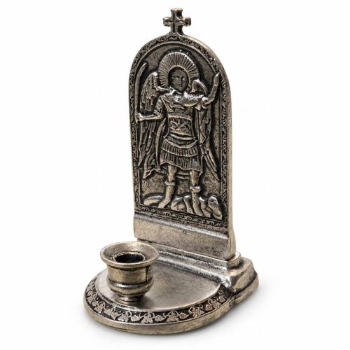 Grecki świecznik na cienką świecę 6 mm ze św. Michałem Archaniołem – widok z przodu