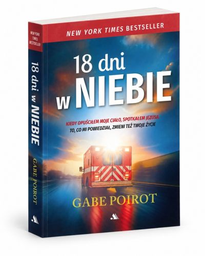 Okładka książki 18 dni w Niebie Gabe’a Poirota – niebiesko-złota ilustracja z motywem światła i łóżka szpitalnego