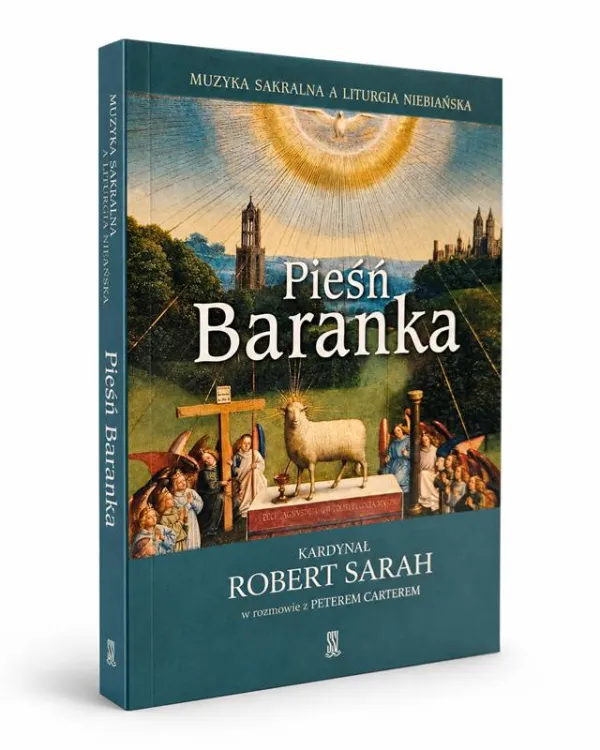 Pieśń Baranka Robert Sarah – książka o muzyce sakralnej, okładka z Adoracją Baranka, widok frontu i grzbietu