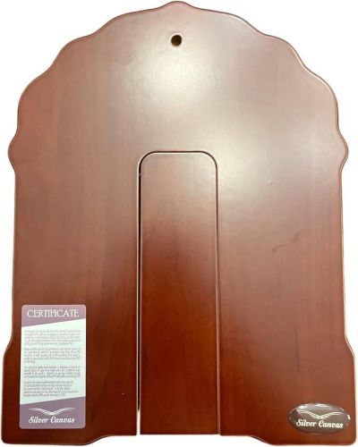 Tył greckiej ikony Świętej Rodziny Silver Canvas — drewniana nóżka, otwór do zawieszenia i certyfikat.