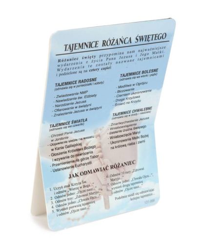 Obrazek św. Dominika – rewers z tajemnicami różańca, dniami ich odmawiania i skróconą instrukcją modlitwy.