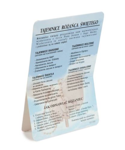 Obrazek Matki Bożej Gietrzwałdzkiej – rewers z tajemnicami różańca, dniami ich odmawiania i instrukcją modlitwy.