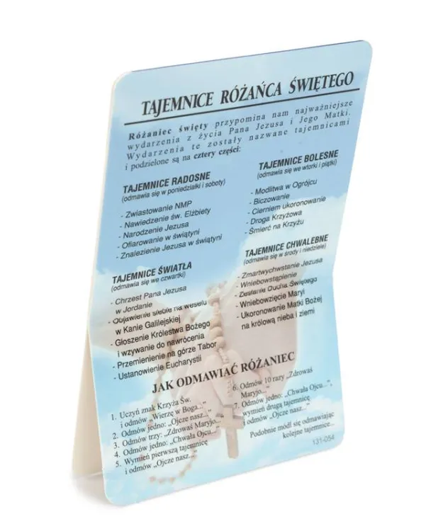 Obrazek Królowej Różańca Świętego – rewers z tajemnicami różańca, dniami ich odmawiania i instrukcją modlitwy.
