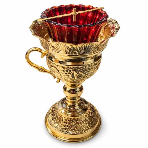 Grecka złocona lampada prawosławna z rubinowym szkłem 21 cm