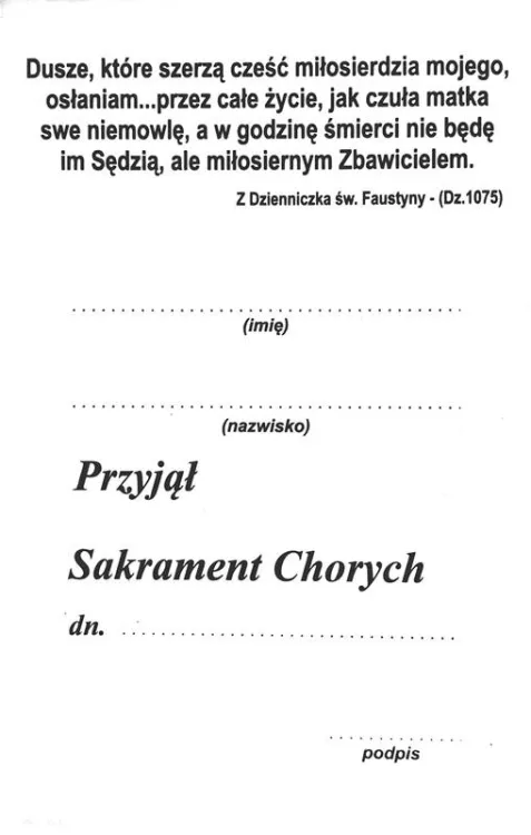 Pamiątka sakramentu namaszczenia chorych – miejsce na dane