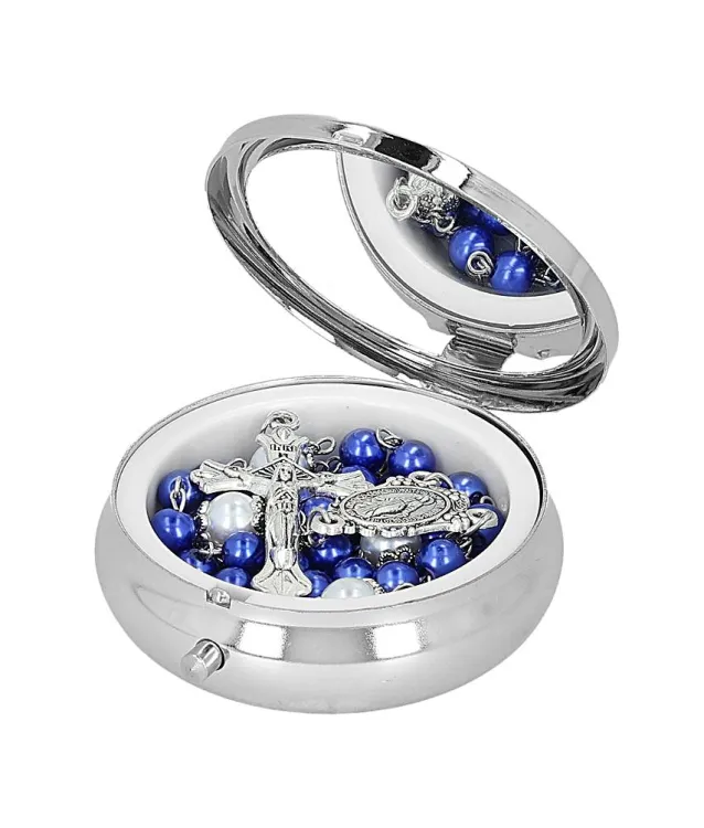 Pudełko na różaniec z lusterkiem w wieczku, metalowe, zamykane – etui do torebki z kompletu R1616MB