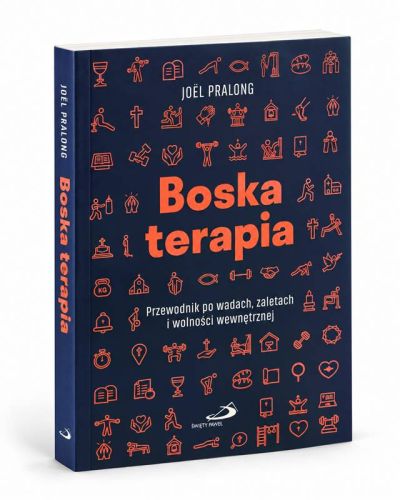 Boska terapia Joëla Pralonga – granatowa okładka z pomarańczowym tytułem i drobnymi symbolami.