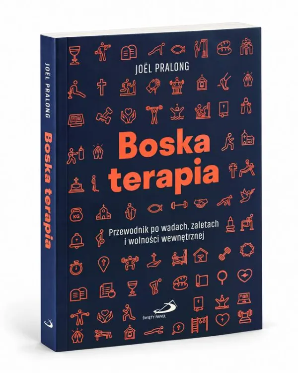 Boska terapia Joëla Pralonga – granatowa okładka z pomarańczowym tytułem i drobnymi symbolami.