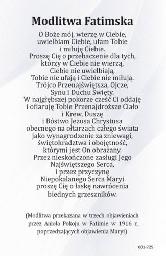 Obrazek Matki Bożej Fatimskiej – rewers z modlitwami Anioła z Fatimy.