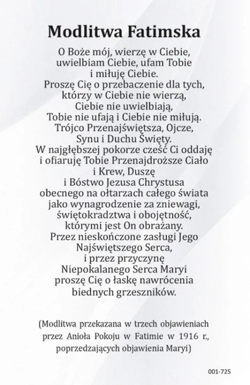 Obrazek Matki Bożej Fatimskiej – rewers z modlitwami Anioła z Fatimy.