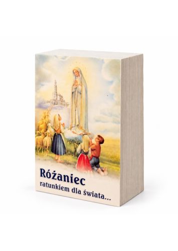 Obrazki Matki Bożej Fatimskiej „Różaniec ratunkiem dla świata…” – stos obrazków z widocznym awersem.