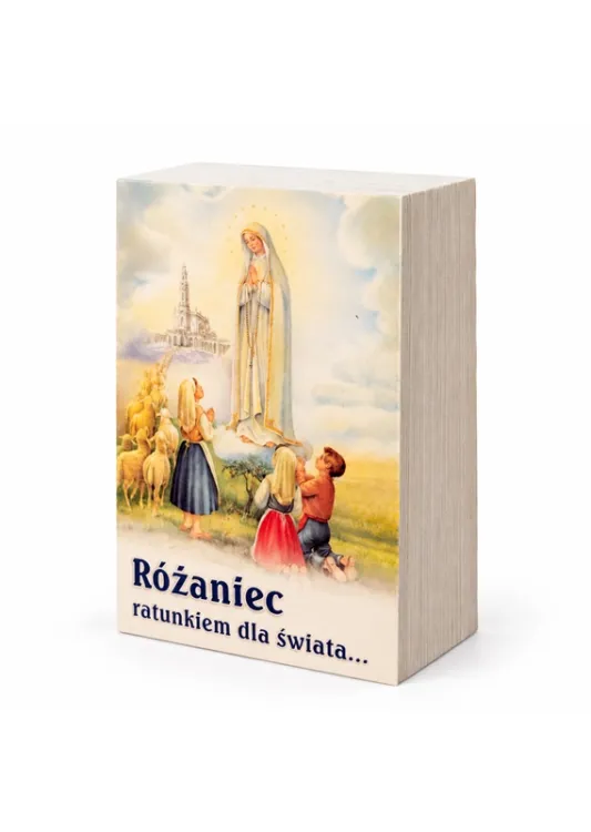 Obrazki Matki Bożej Fatimskiej „Różaniec ratunkiem dla świata…” – stos obrazków z widocznym awersem.