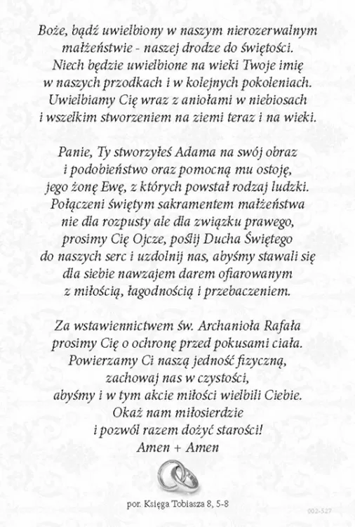Rewers pocztówki Świętej Rodziny z modlitwą małżonków i odsyłaczem do Tb 8,5–8.