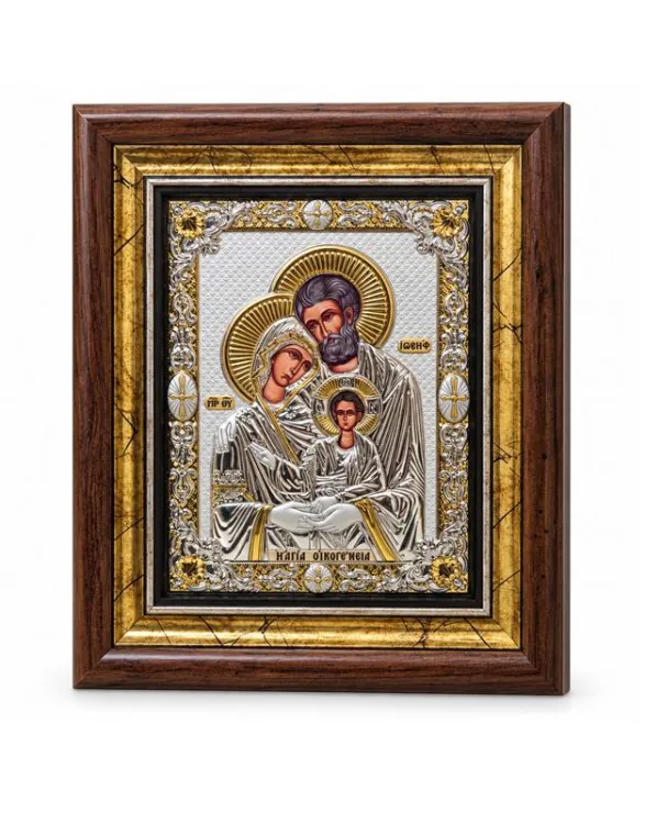 Srebrzona ikona Świętej Rodziny Prince Silvero w drewnianej ramie, przedstawiająca Jezusa, Maryję i św. Józefa.