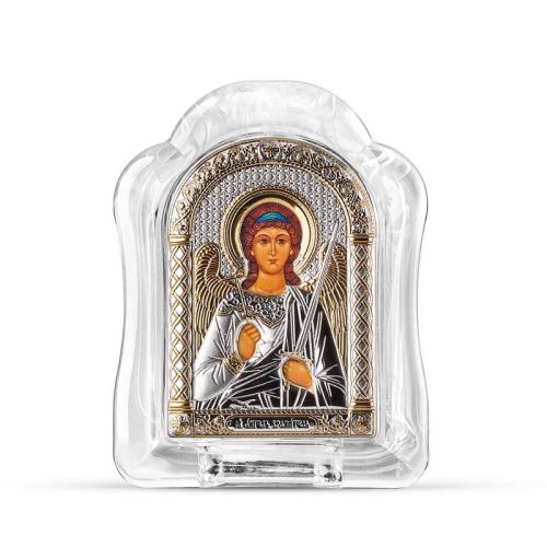 Stojąca ikona Anioła Stróża Silver Canvas w przezroczystej oprawie ze szkła Murano, ze srebrzystymi szatami i złocistymi detalami.