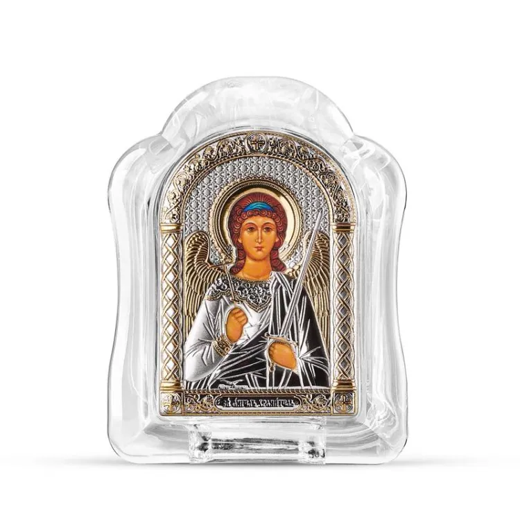 Stojąca ikona Anioła Stróża Silver Canvas w przezroczystej oprawie ze szkła Murano, ze srebrzystymi szatami i złocistymi detalami.