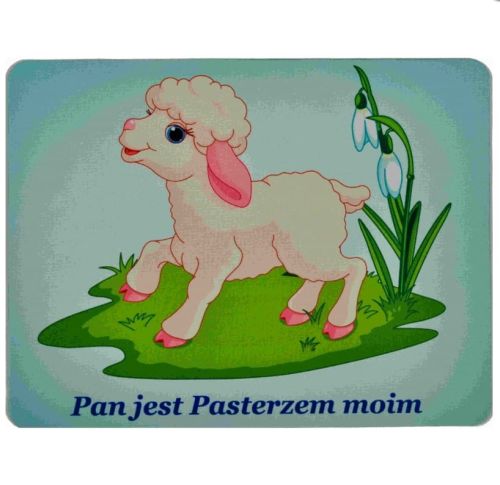 Podkładka pod mysz z rysunkiem baranka na łące i napisem Pan jest Pasterzem moim.