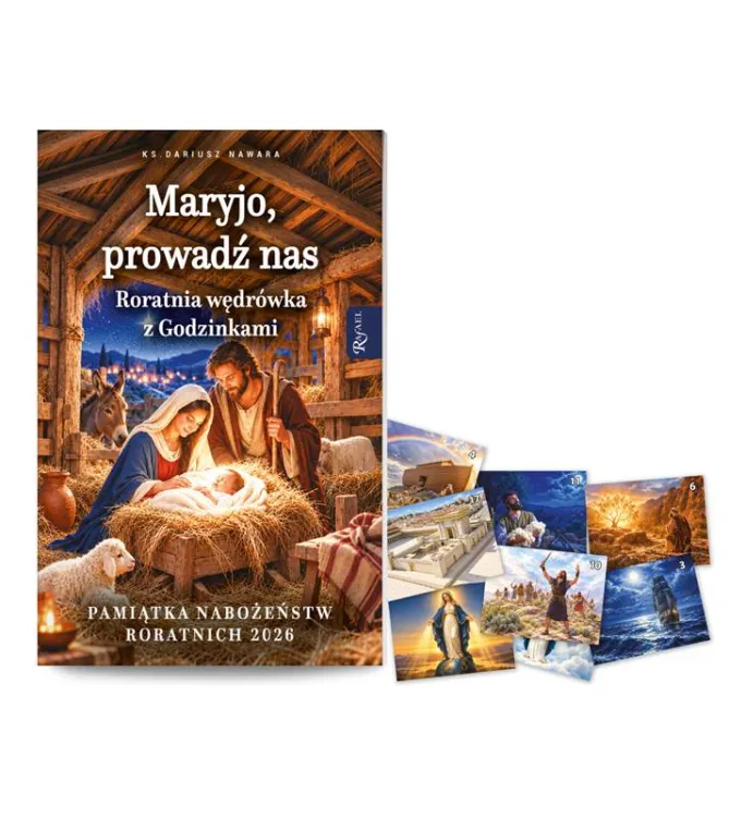 Maryjo, prowadź nas – kontrolki na roraty 2026 Rafael, książeczka z ilustracją Bożego Narodzenia i naklejki.
