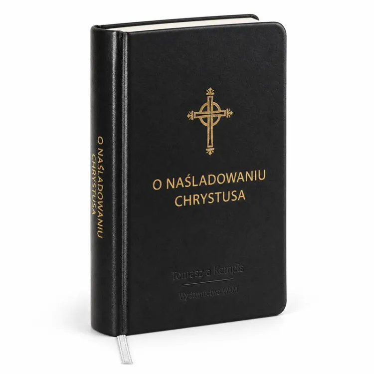O naśladowaniu Chrystusa – Tomasz a Kempis, WAM, czarna okładka ze złotym krzyżem i jasną tasiemką, widok z przodu i od strony grzbietu.
