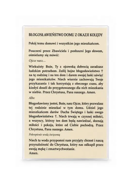 Błogosławieństwo domu z okazji kolędy – jednostronna laminowana karta dla kapłana, z czarnym tekstem na papierze ecru.