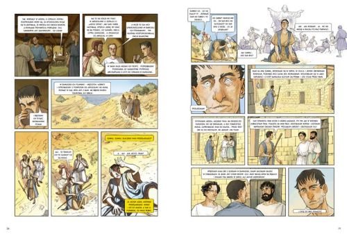 Komiks Pierwsi chrześcijanie – plansze przedstawiające Szawła w drodze do Damaszku i spotkanie z Ananiaszem.