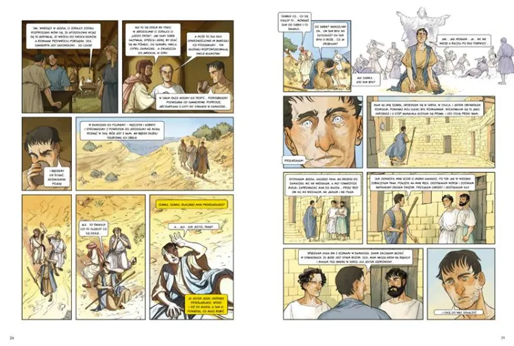 Komiks Pierwsi chrześcijanie – plansze przedstawiające Szawła w drodze do Damaszku i spotkanie z Ananiaszem.