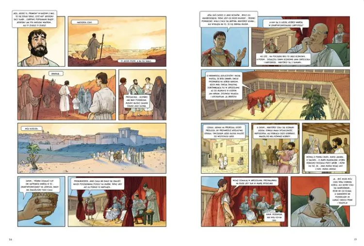 Pierwsi chrześcijanie – wnętrze komiksu ze scenami z Piotrem oraz rozmową przedstawicieli władz rzymskich.