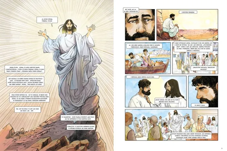 Pierwsi chrześcijanie – całostronicowa ilustracja Jezusa i kadry rozmowy z Piotrem.