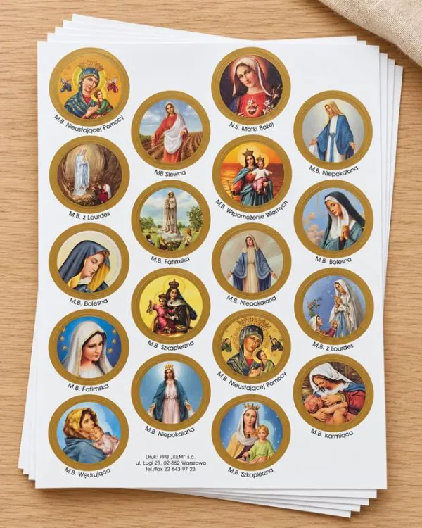 Naklejki z Matką Bożą w złotych obwódkach – stos arkuszy z okrągłymi wizerunkami maryjnymi.