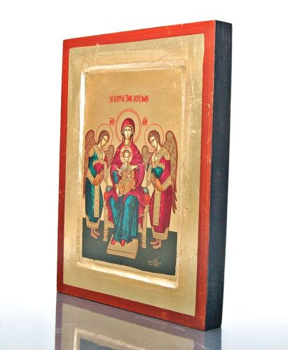 Bizantyjska ikona Matka Boża Tronująca. Ikona wykonana w Grecji w pracowni na Górze Athos. Rozmiar średni 18x 24. Największy sklep z ikonami z Grecji. Wspaniały wybór prezentu na prymicje, śluby zakonne, święcenia diakonatu.