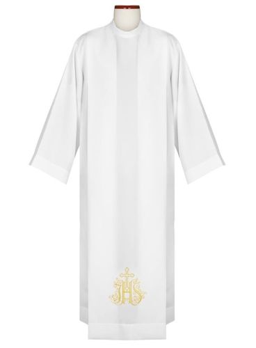 Alba kapłańska z ozdobnym haftem ze streczu z zakładkami. Zapinana na ramieniu sklep z artykułami liturgicznymi e-religijne.pl